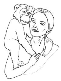 Chimpanse på kvindes skulder