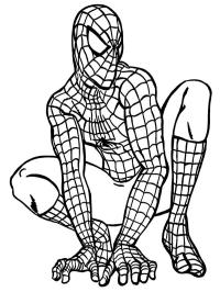 Spiderman sidder på hug